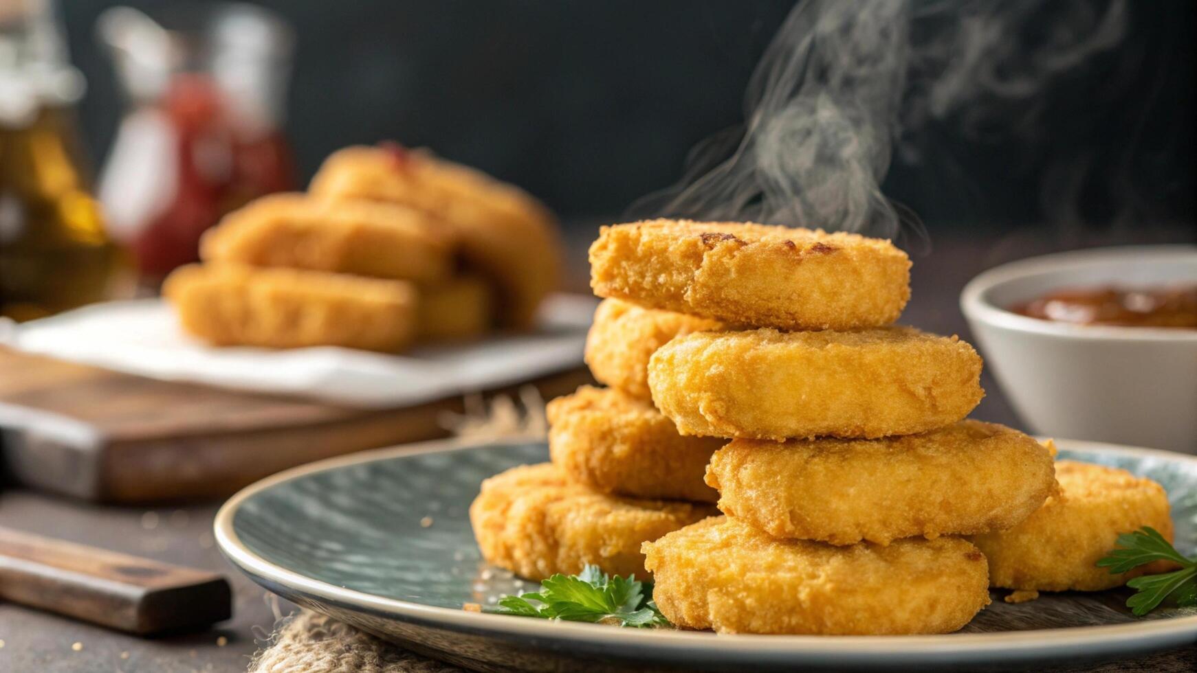A close-up of a plate of chicken nuggets photo
