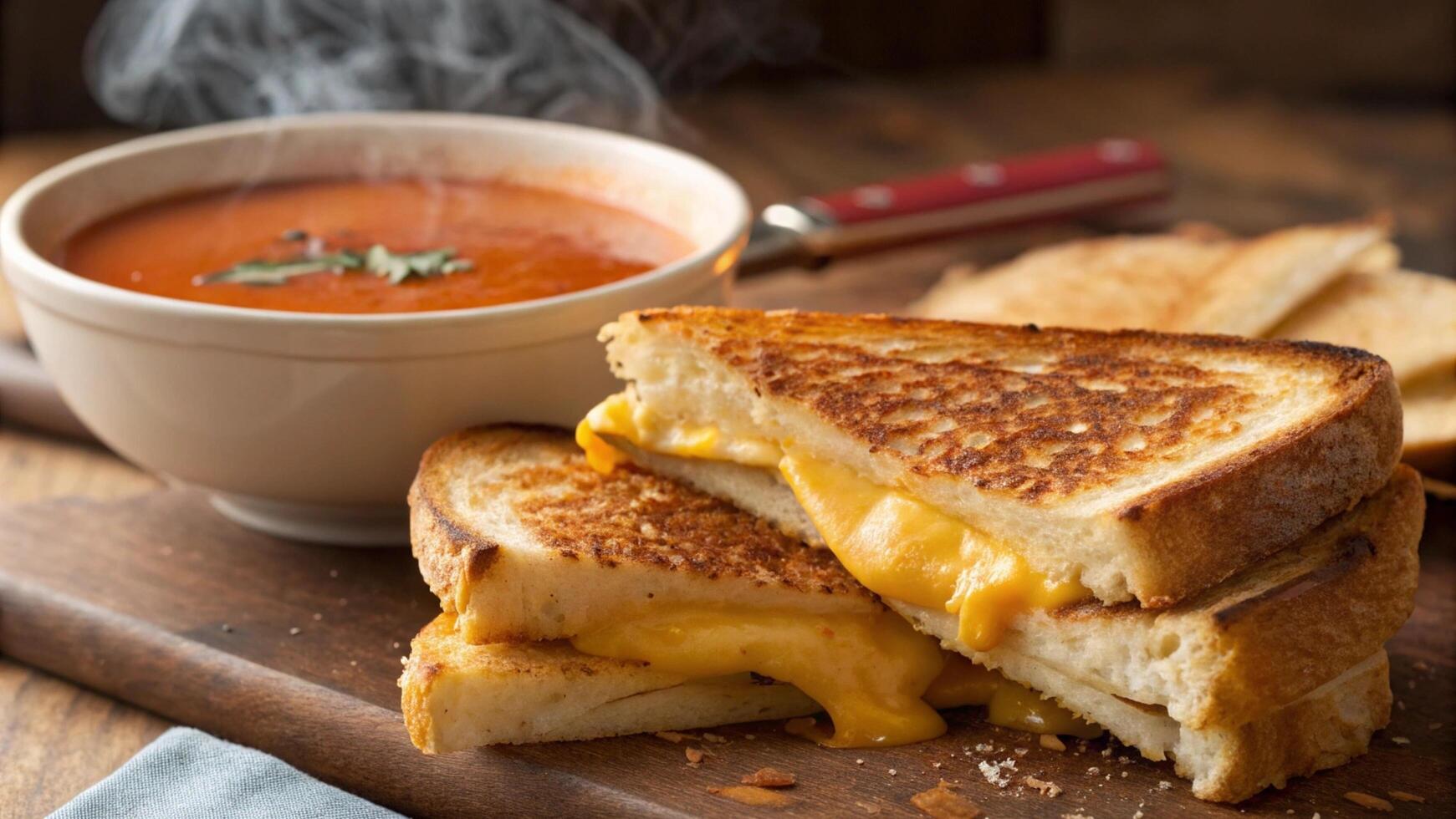 A close-up of a grilled cheese sandwich with tomato soup in the background photo