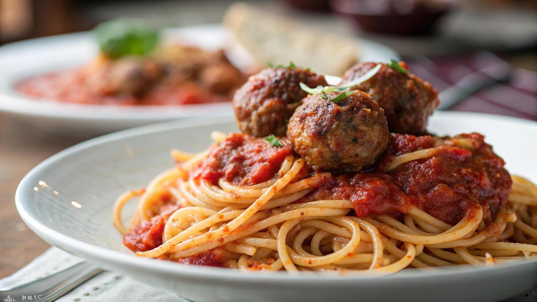 A close-up of a plate of spaghetti with meatballs photo