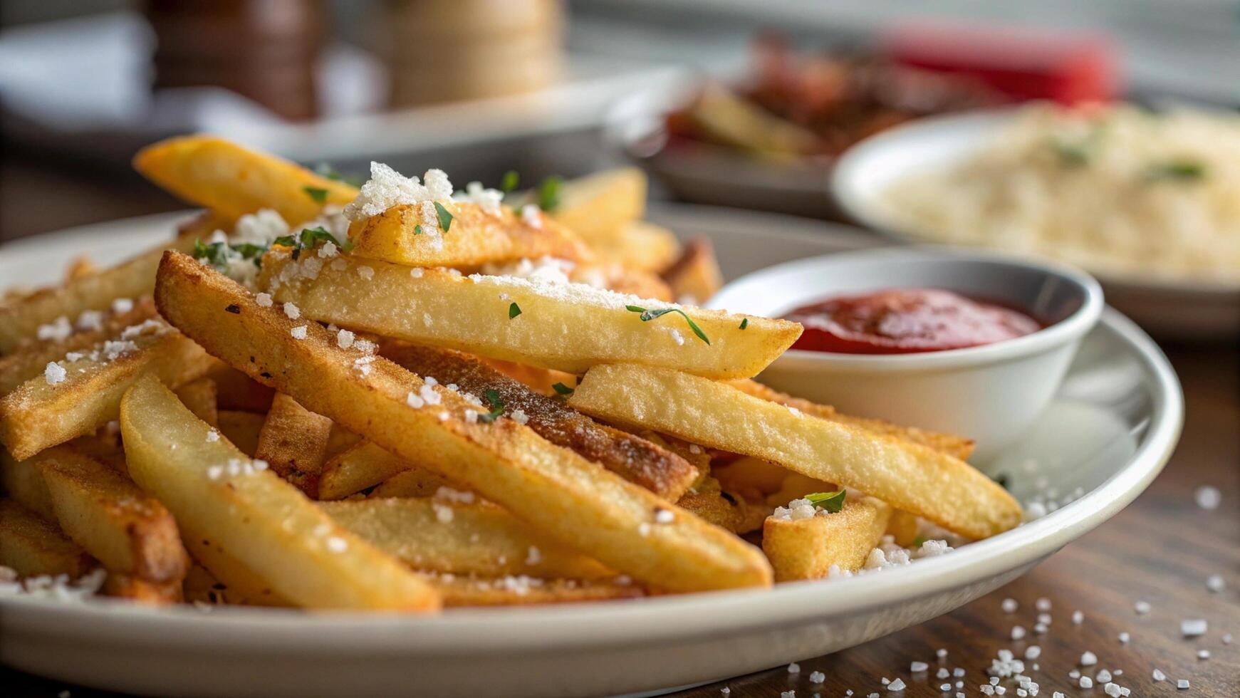 A close-up of a plate of French fries with a blurred background photo