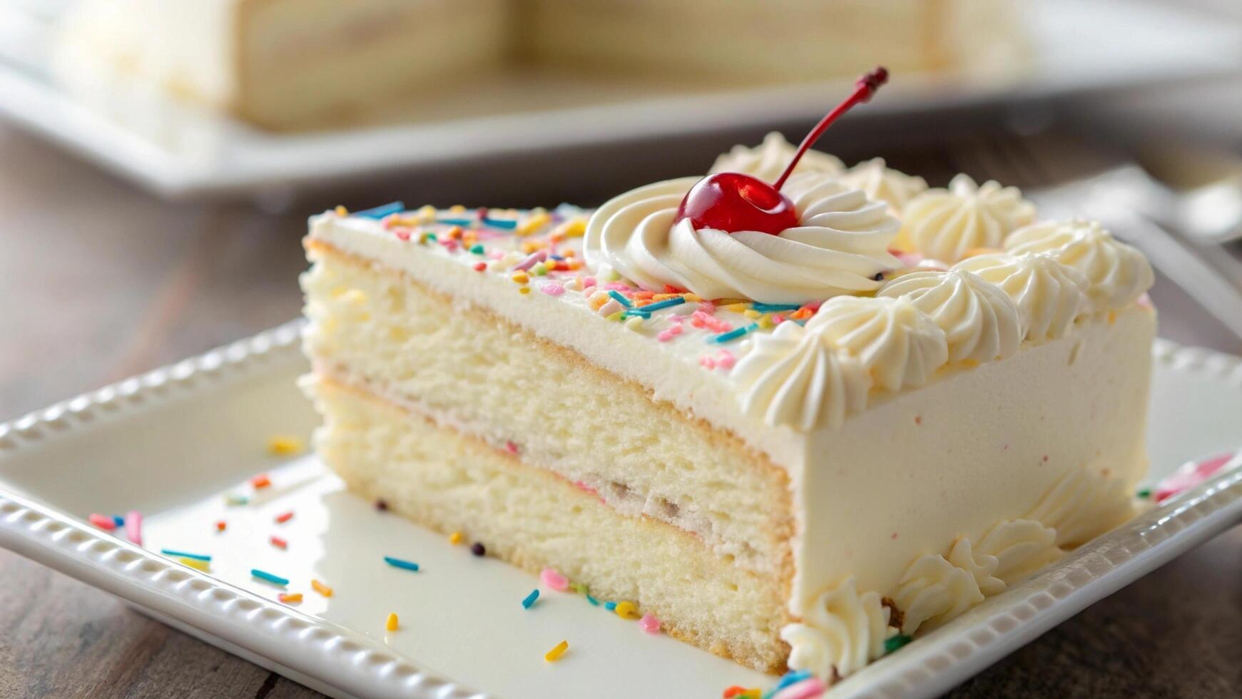 A close-up of a slice of cake with frosting and a blurred background photo