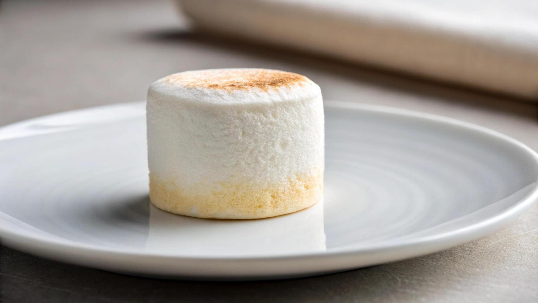 A single marshmallow on a white plate with a blurred background photo
