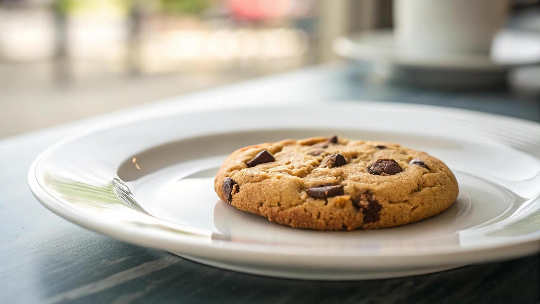 A single chocolate chip cookie on a white plate with a blurred background photo