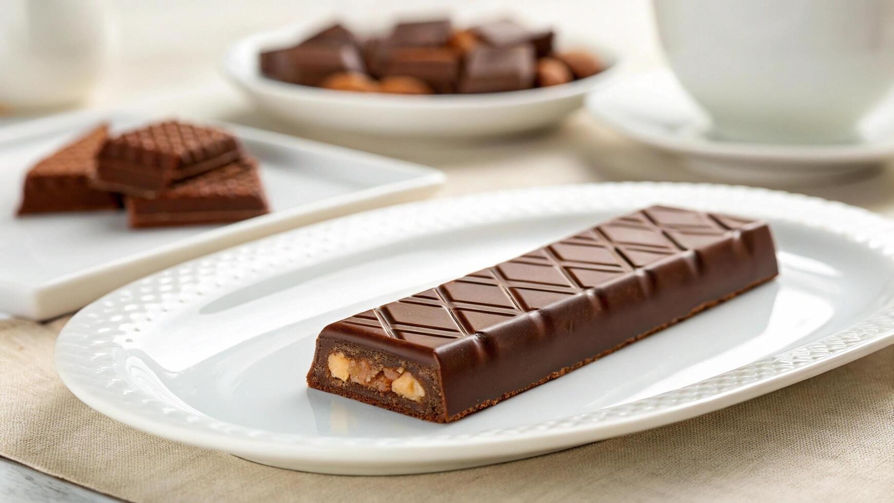 A single chocolate bar on a white plate with a shallow depth of field photo