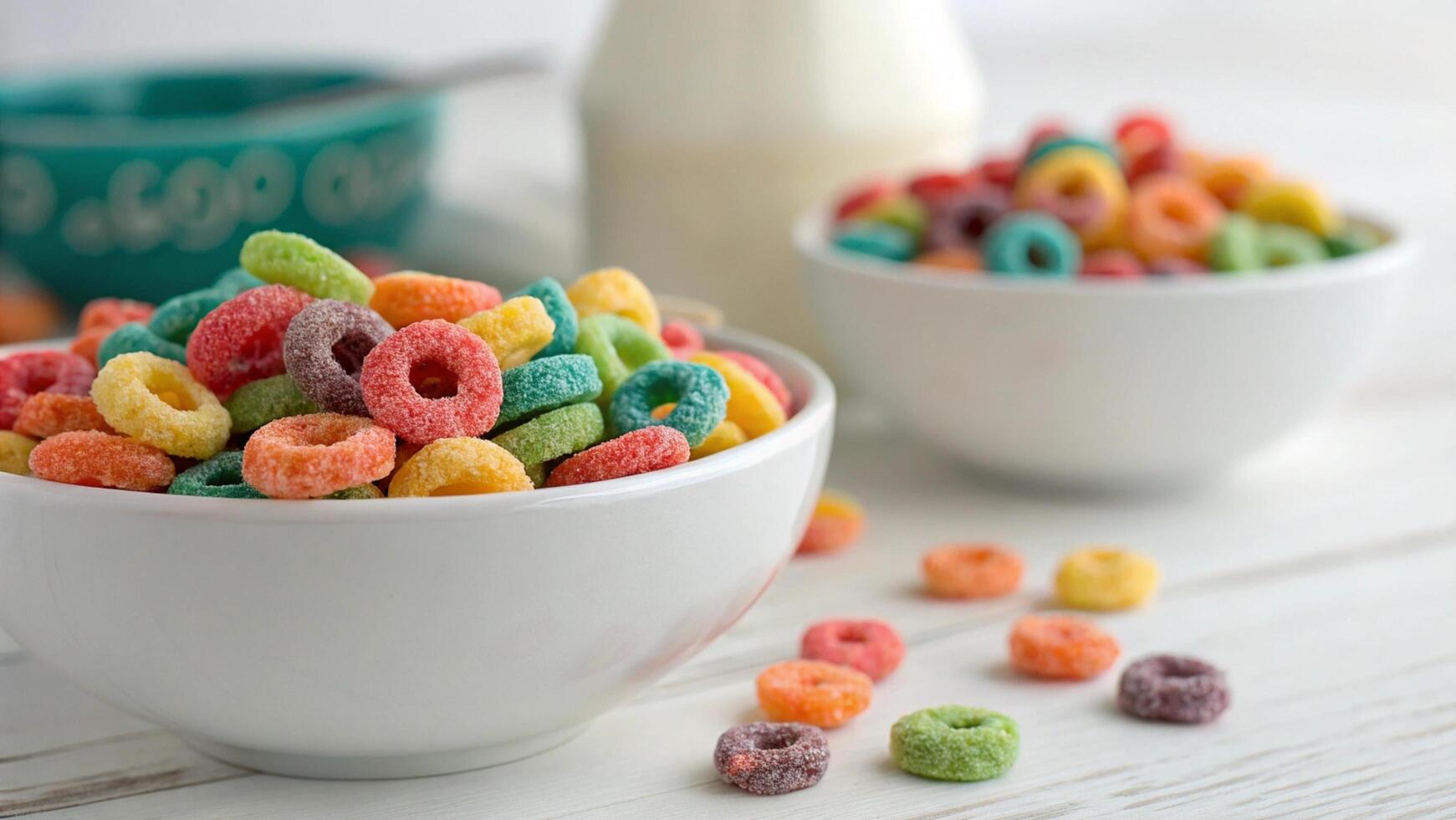Close-up of a colorful bowl of fruit loops in a white bowl photo