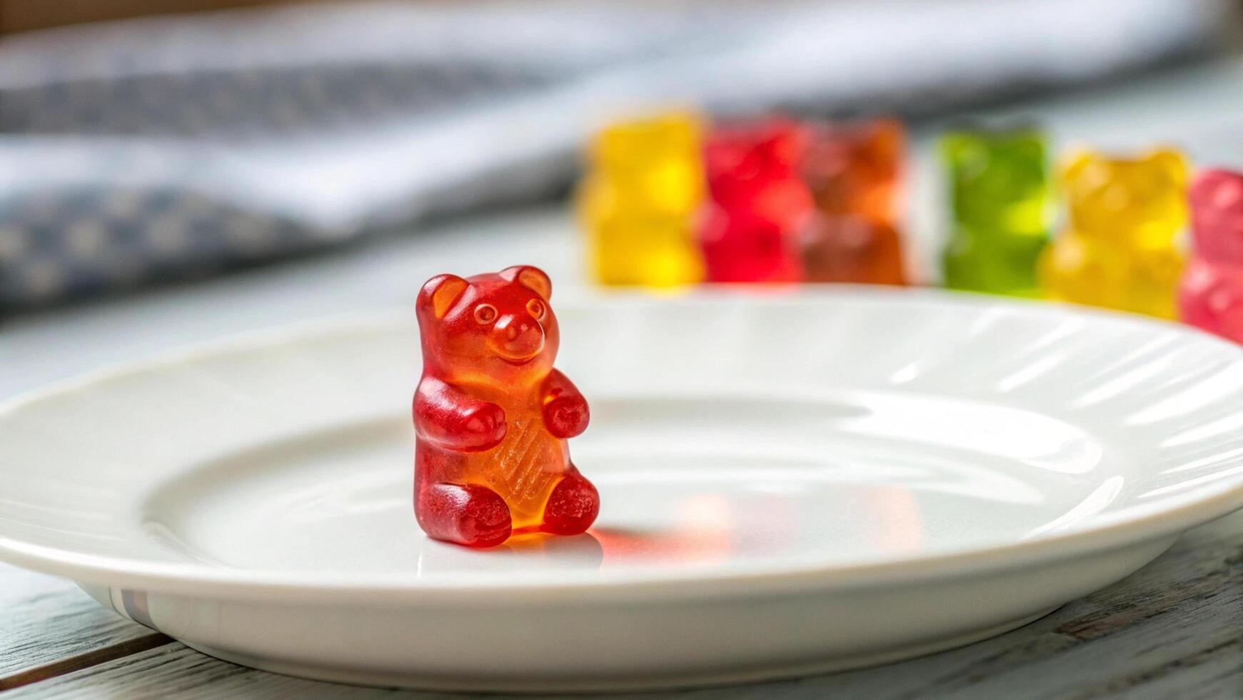 Macro shot of a single gummy bear on a white plate photo
