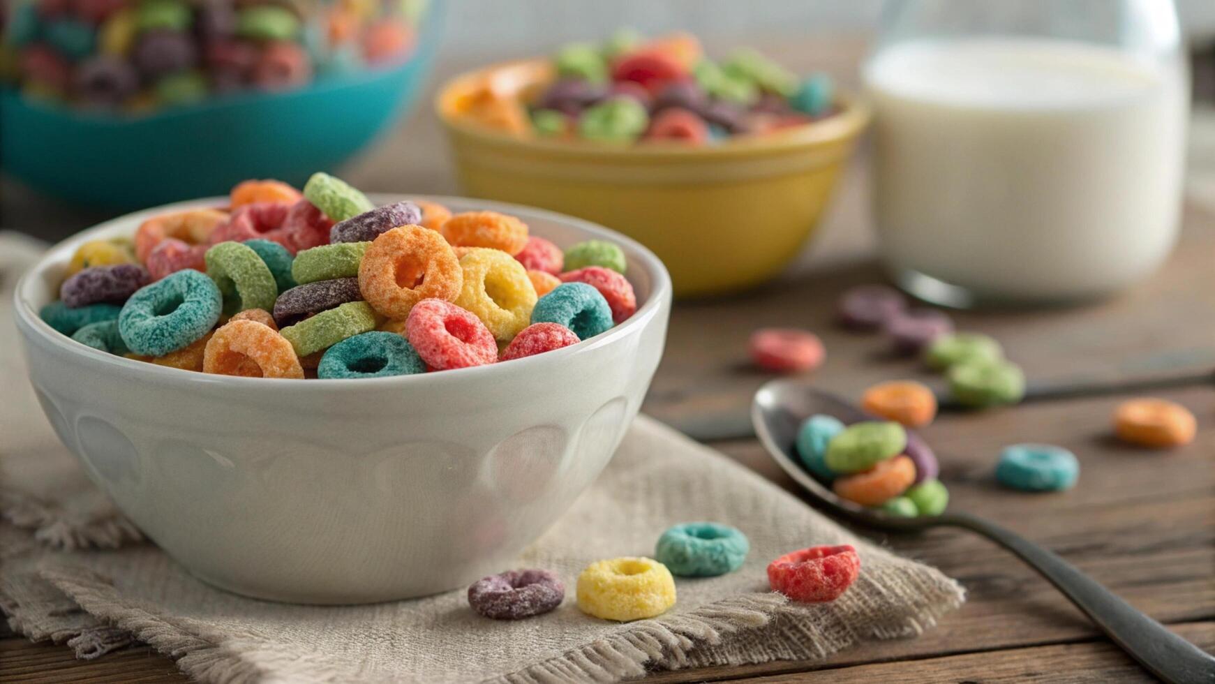 Macro shot of a bowl of colorful cereal photo