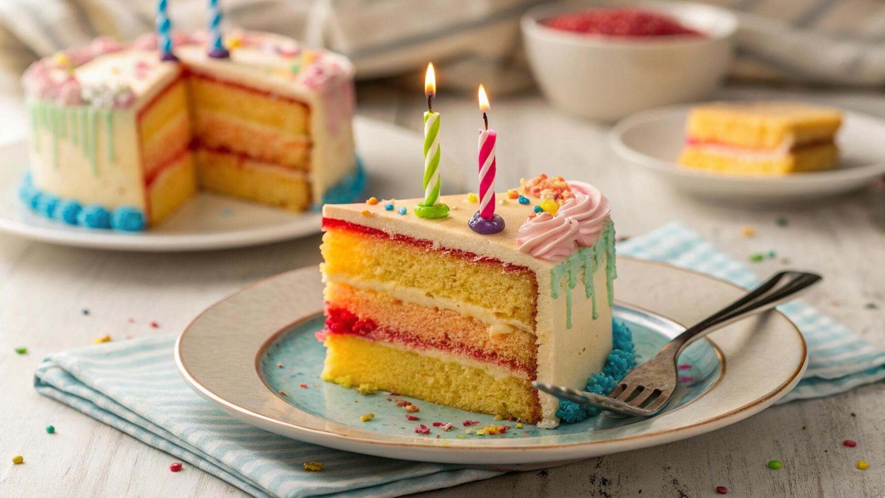 A slice of birthday cake on a plate with a fork, shallow focus on the cake photo