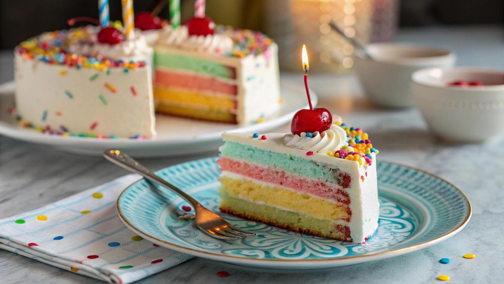 A slice of birthday cake on a plate with a fork photo