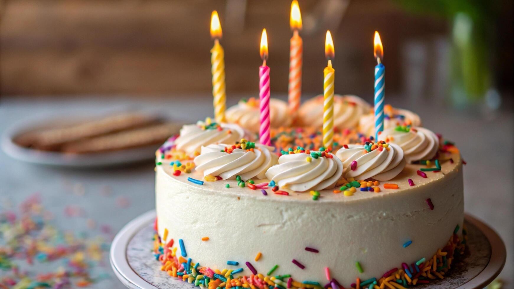 A birthday cake with colorful sprinkles, shallow depth of field photo