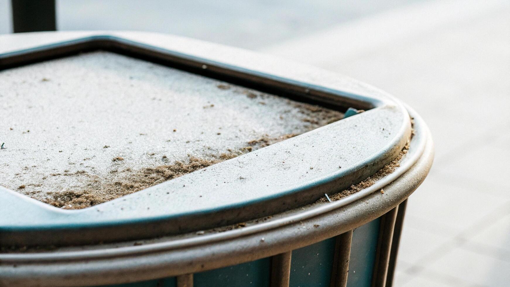 Close-up of dust on a city trash can, with a shallow depth of field photo
