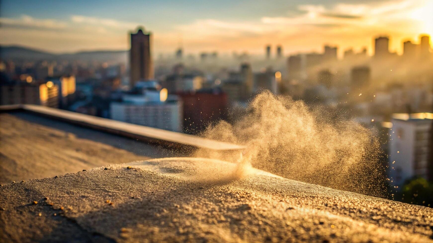 Macro shot of dust on a city rooftop, with the skyline blurred in the background photo