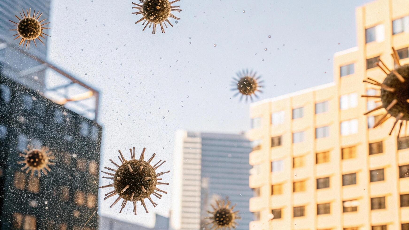 Detailed image of dust particles floating in the air against a backdrop of city buildings photo