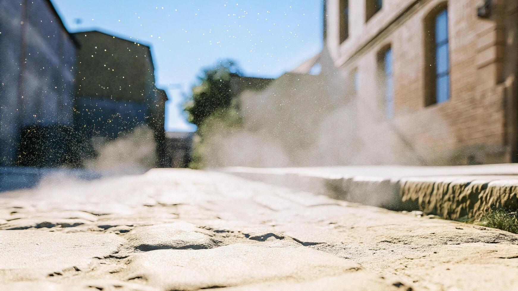 Close-up of a dusty city street with sunlight filtering through the particles photo