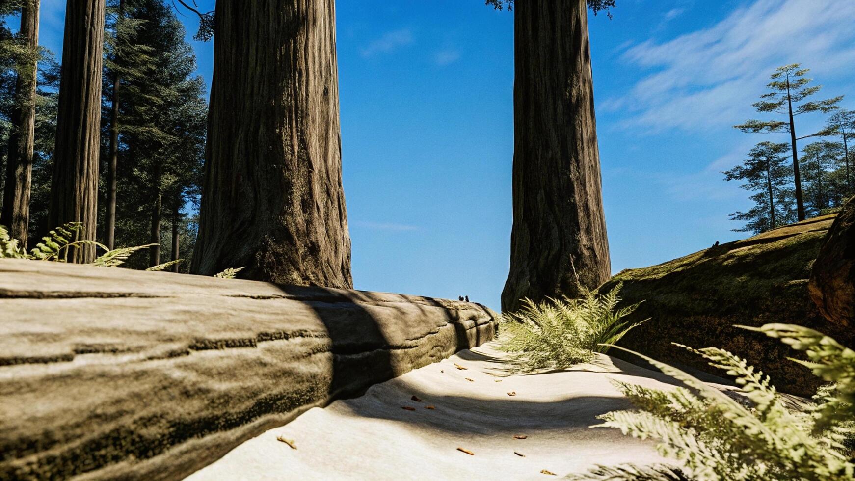 Detailed image of a redwood forest path, with dappled sunlight and a focus on the natural textures photo