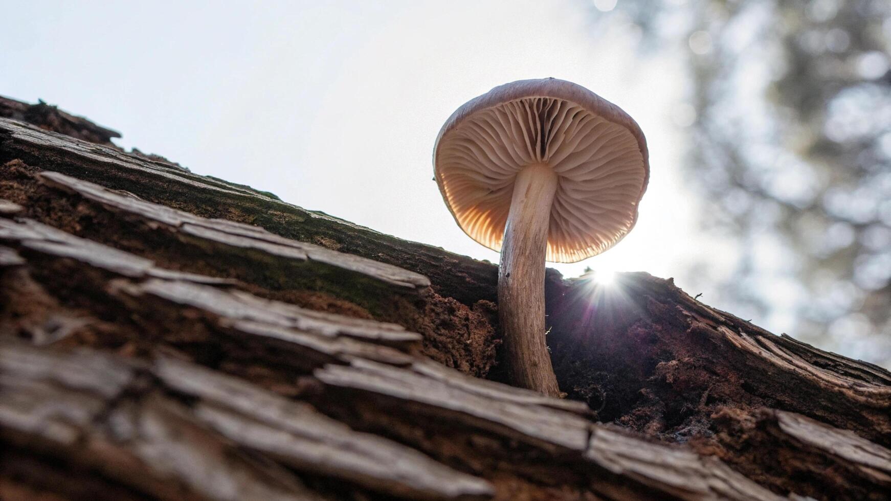Macro photograph of a mushroom growing on a redwood tree photo