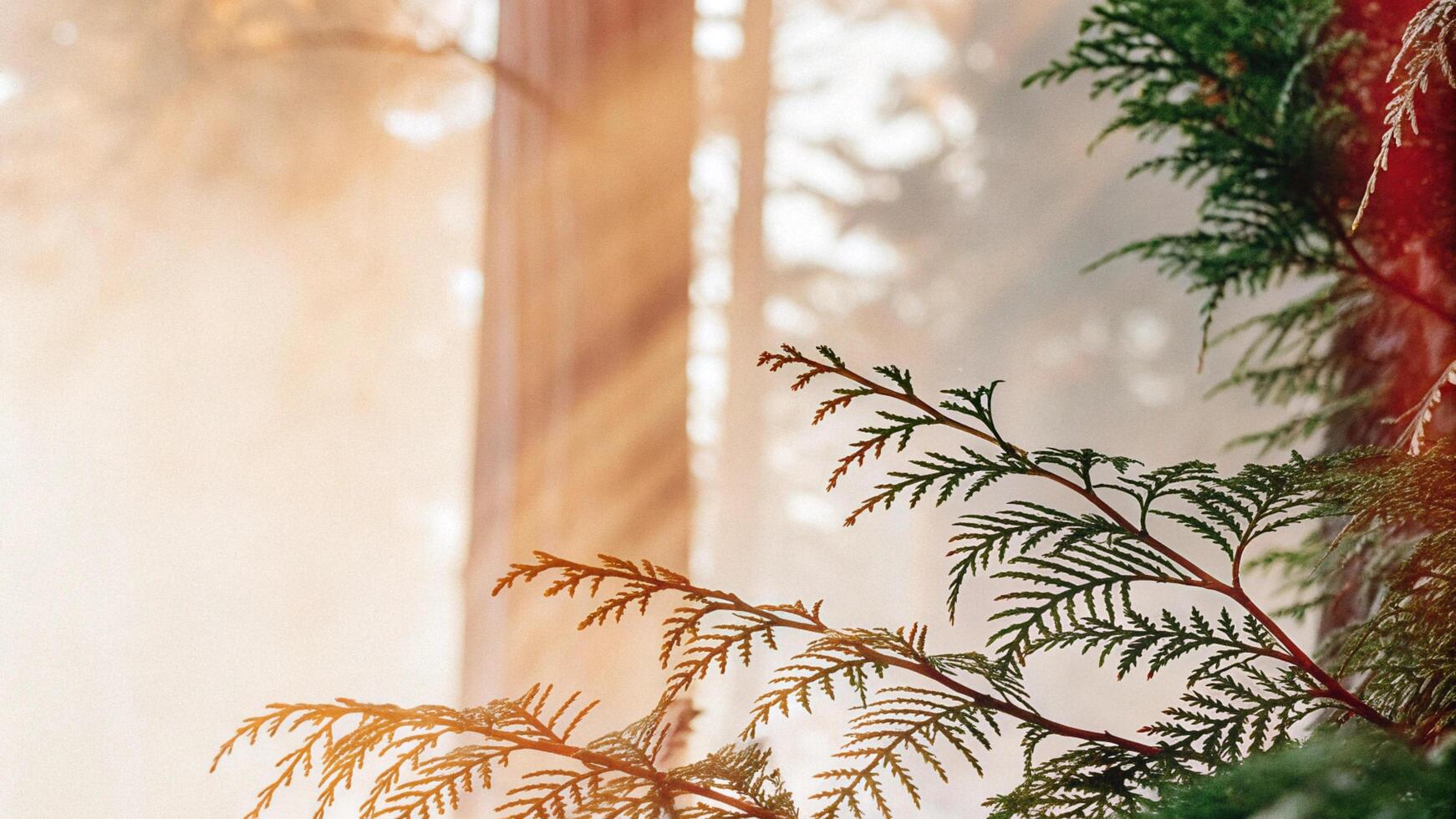 Close-up of a redwood branch with sunlight filtering through the needles, creating a soft, ethereal effect photo