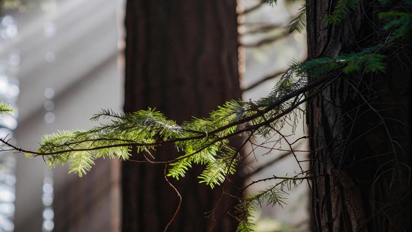 Close-up of a redwood branch with sunlight filtering through the needles photo