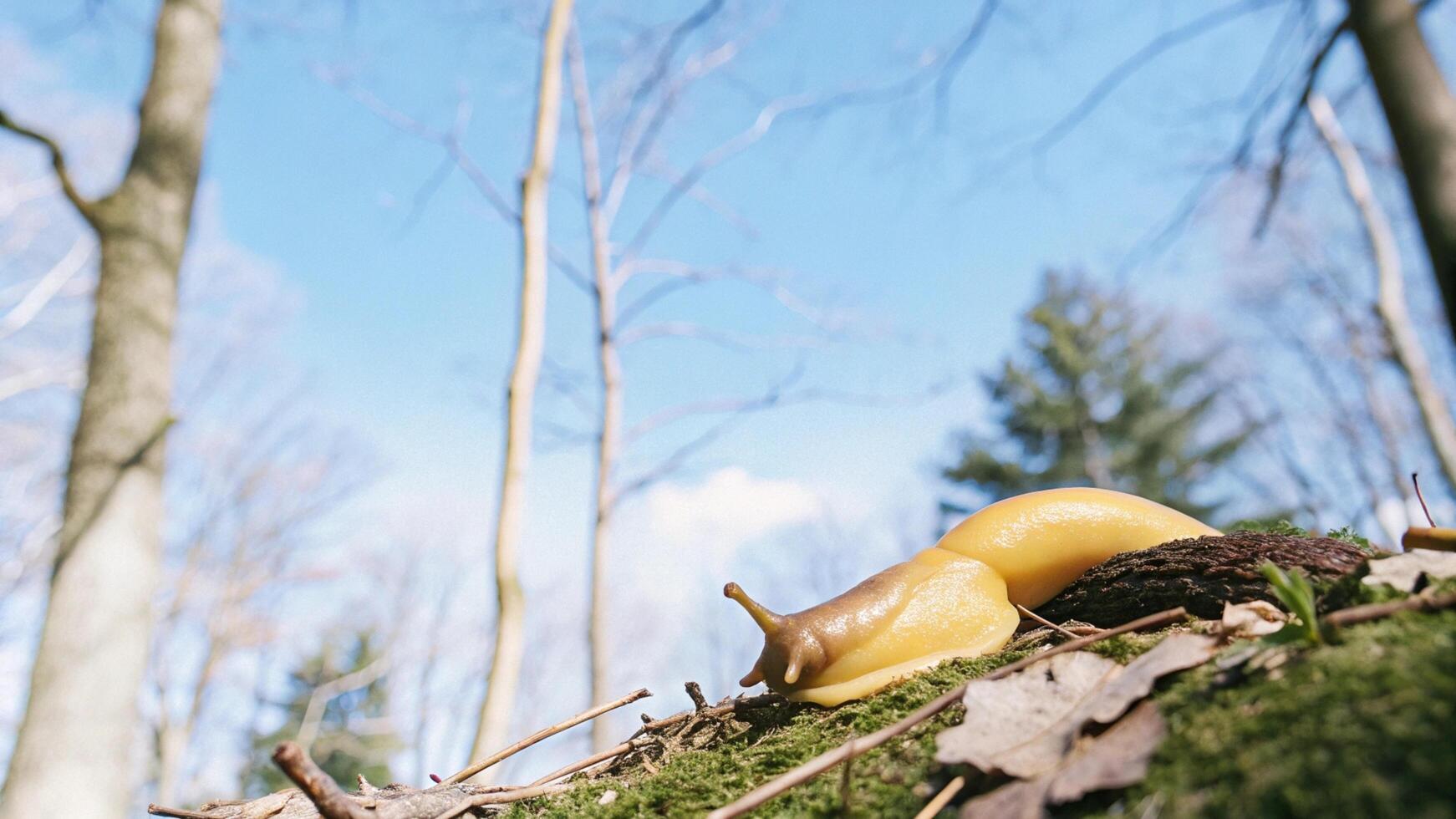Detailed image of a banana slug on the forest floor, with natural light highlighting its vibrant colors photo