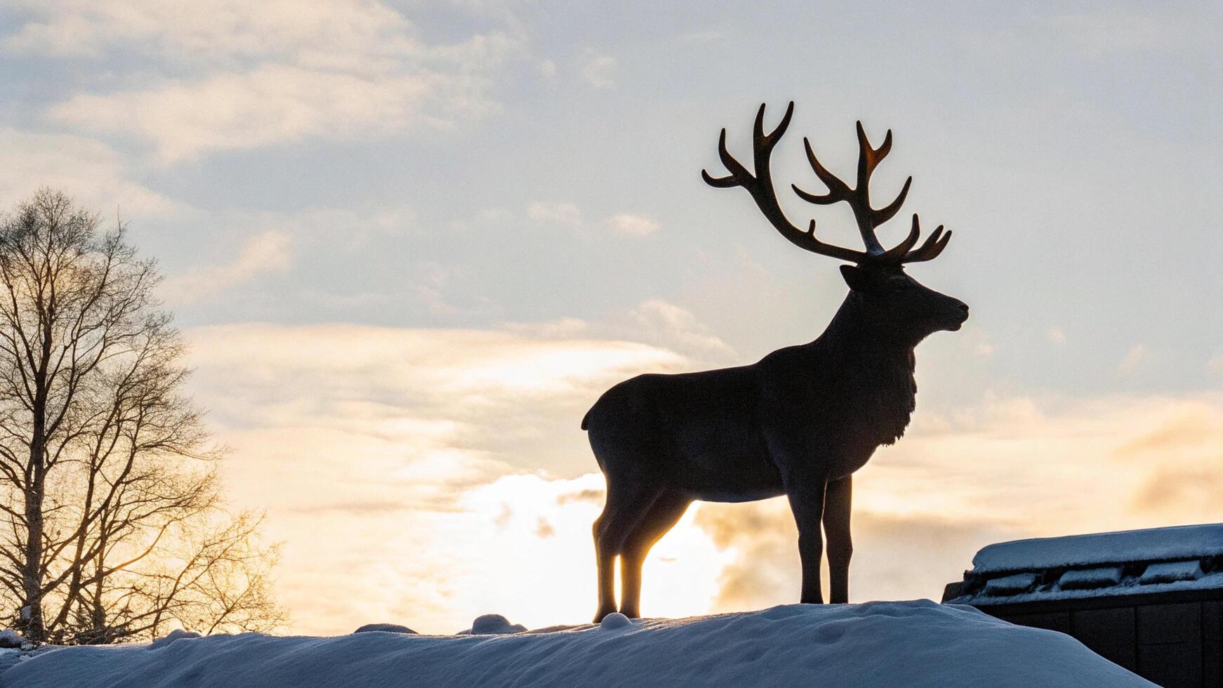 A reindeer with large antlers silhouetted against a bright, overcast sky photo