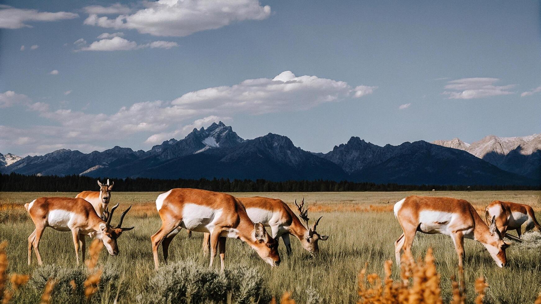 A herd of reindeer grazing in a vast, sunlit meadow with mountains in the background photo