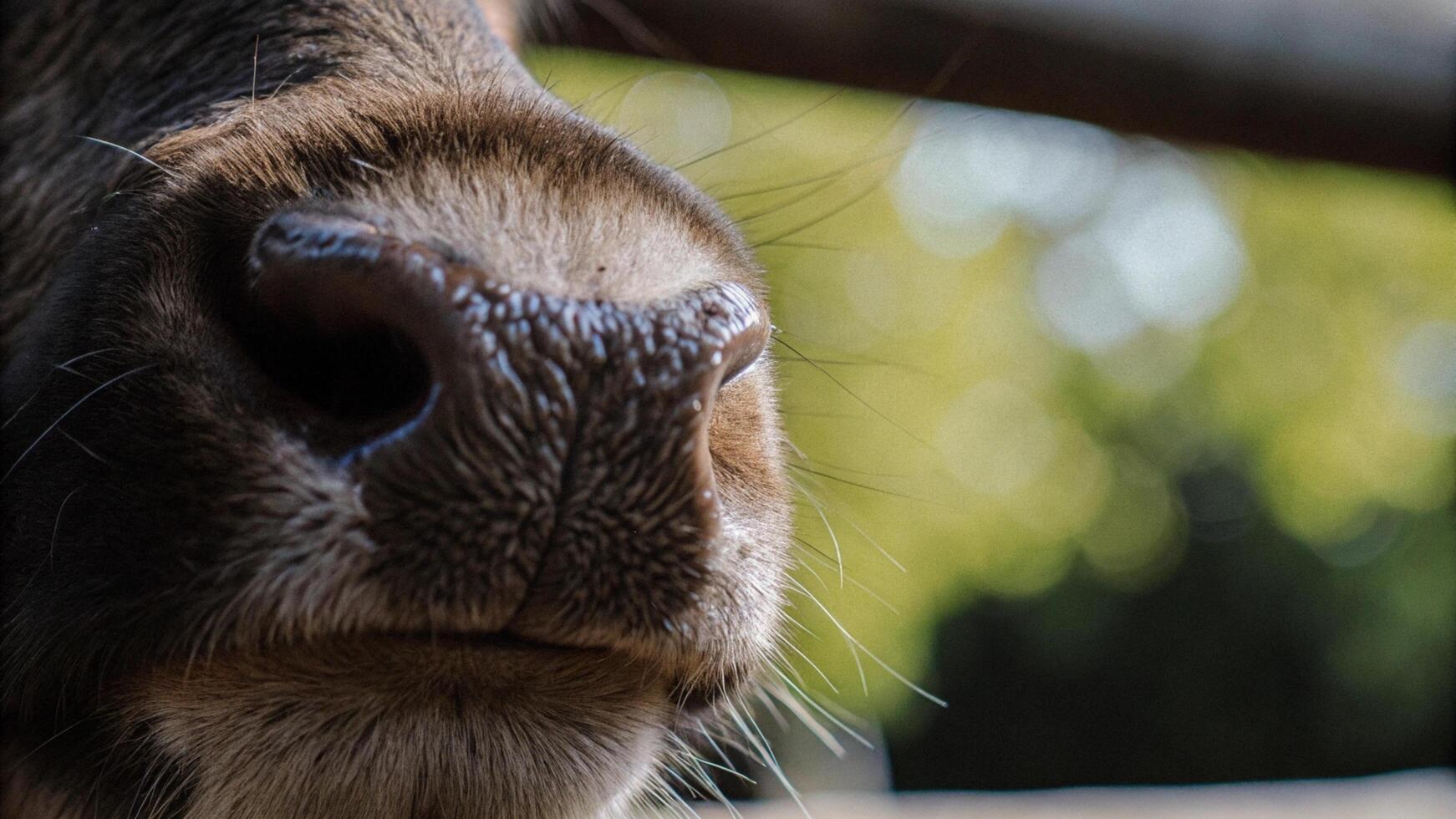 Detailed image of a reindeer's nose, showcasing the moist texture and soft fur, with a creamy bokeh effect photo