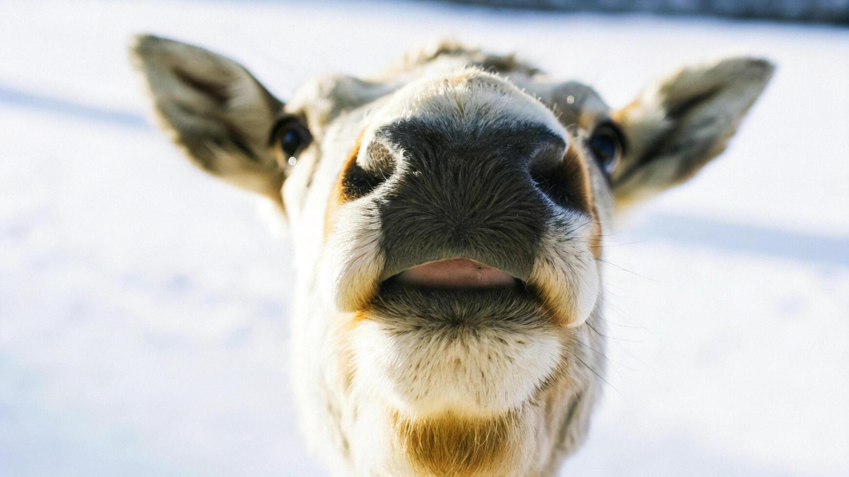 Close-up of a reindeer's mouth, showing the gentle expression and textured fur, with a shallow depth of field photo