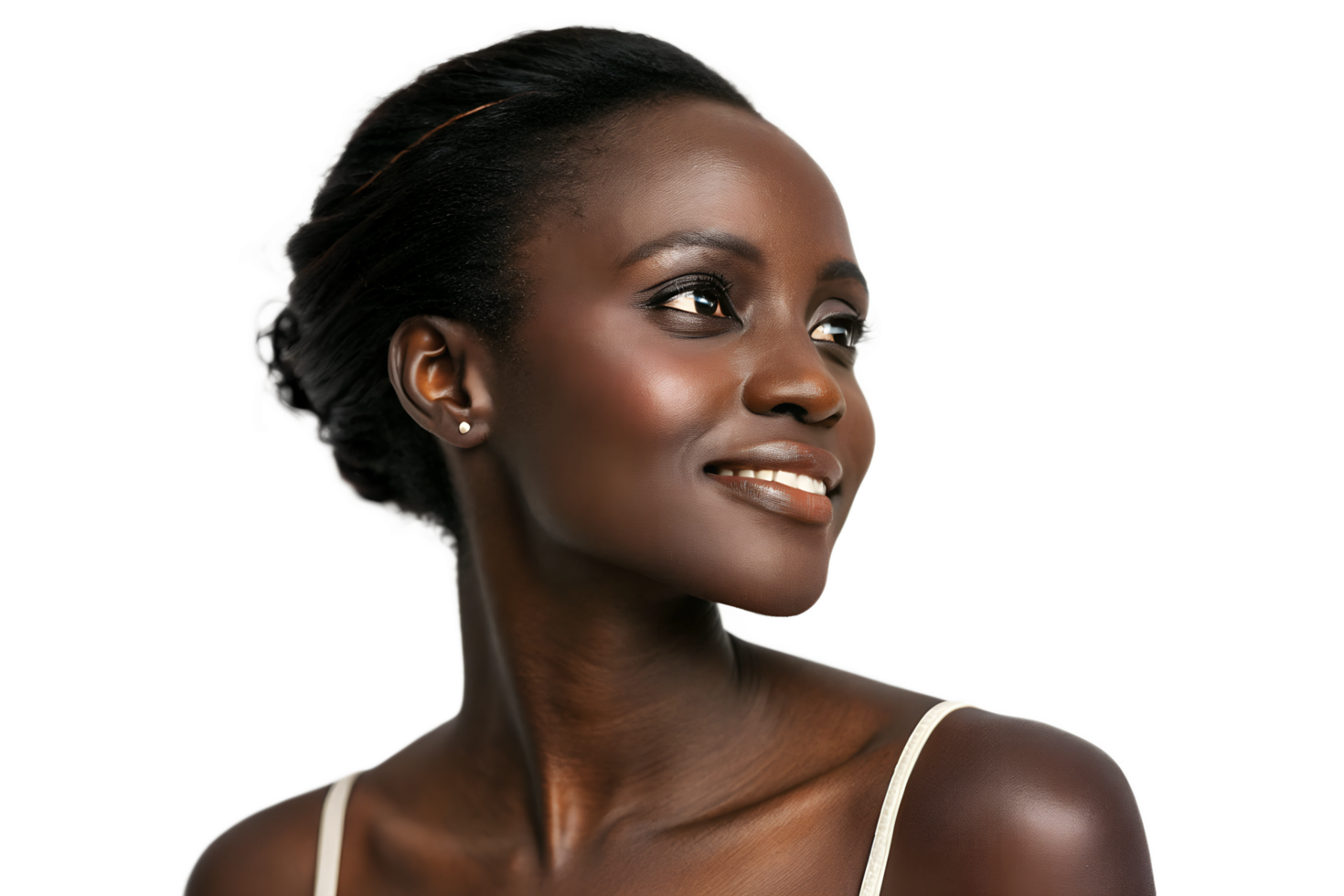 Portrait of young woman with dark skin with her hair pulled back isolated on transparent background png