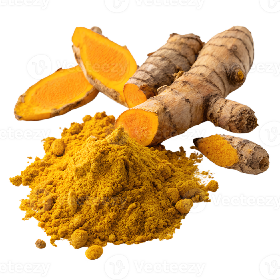 Turmeric powder and turmeric roots also known as curcuma isolated on the transparent background png