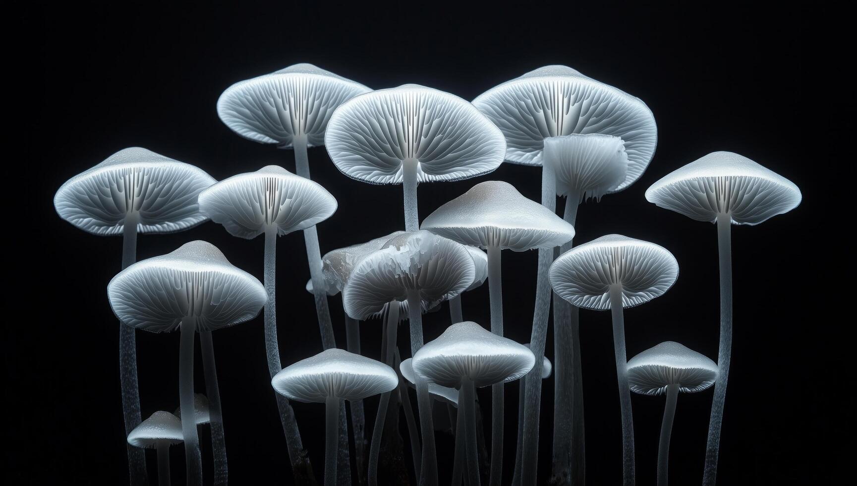 Ethereal Glow. A Cluster of Luminescent Mushrooms in the Dark, Desaturated photo