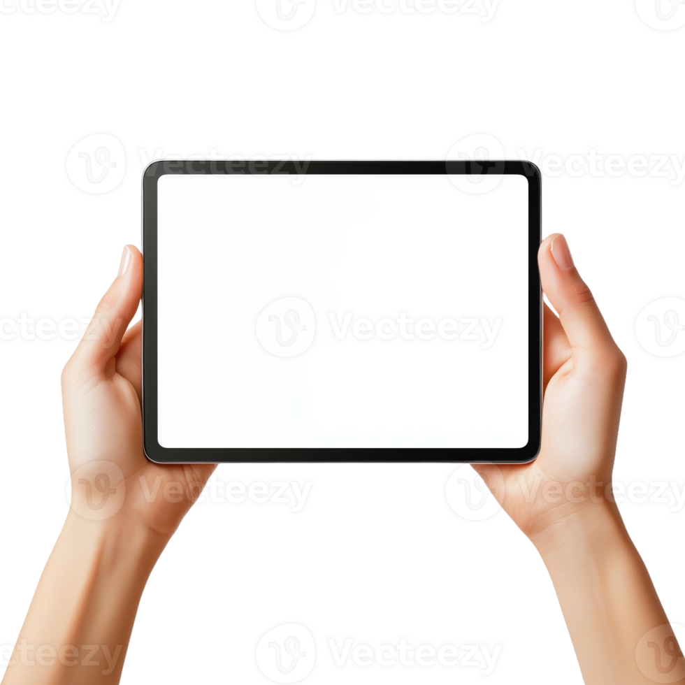 Hands Presenting a Tablet with a Blank Screen for Display png