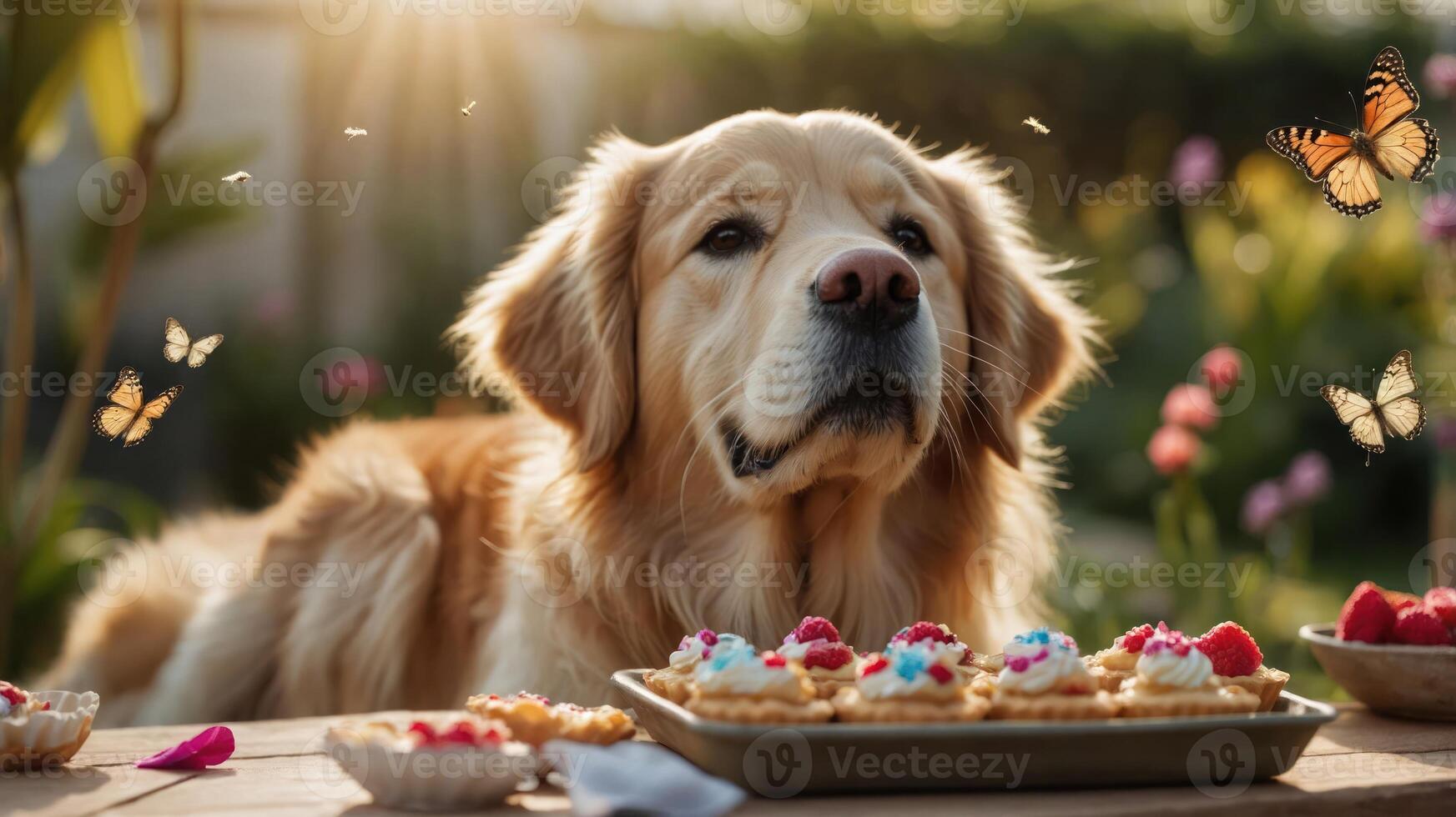 A golden retriever sits near a dessert table in a garden with butterflies fluttering around. photo