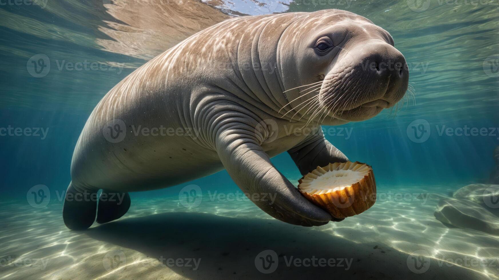 A manatee swims underwater holding a shell, showcasing marine life and its natural habitat. photo