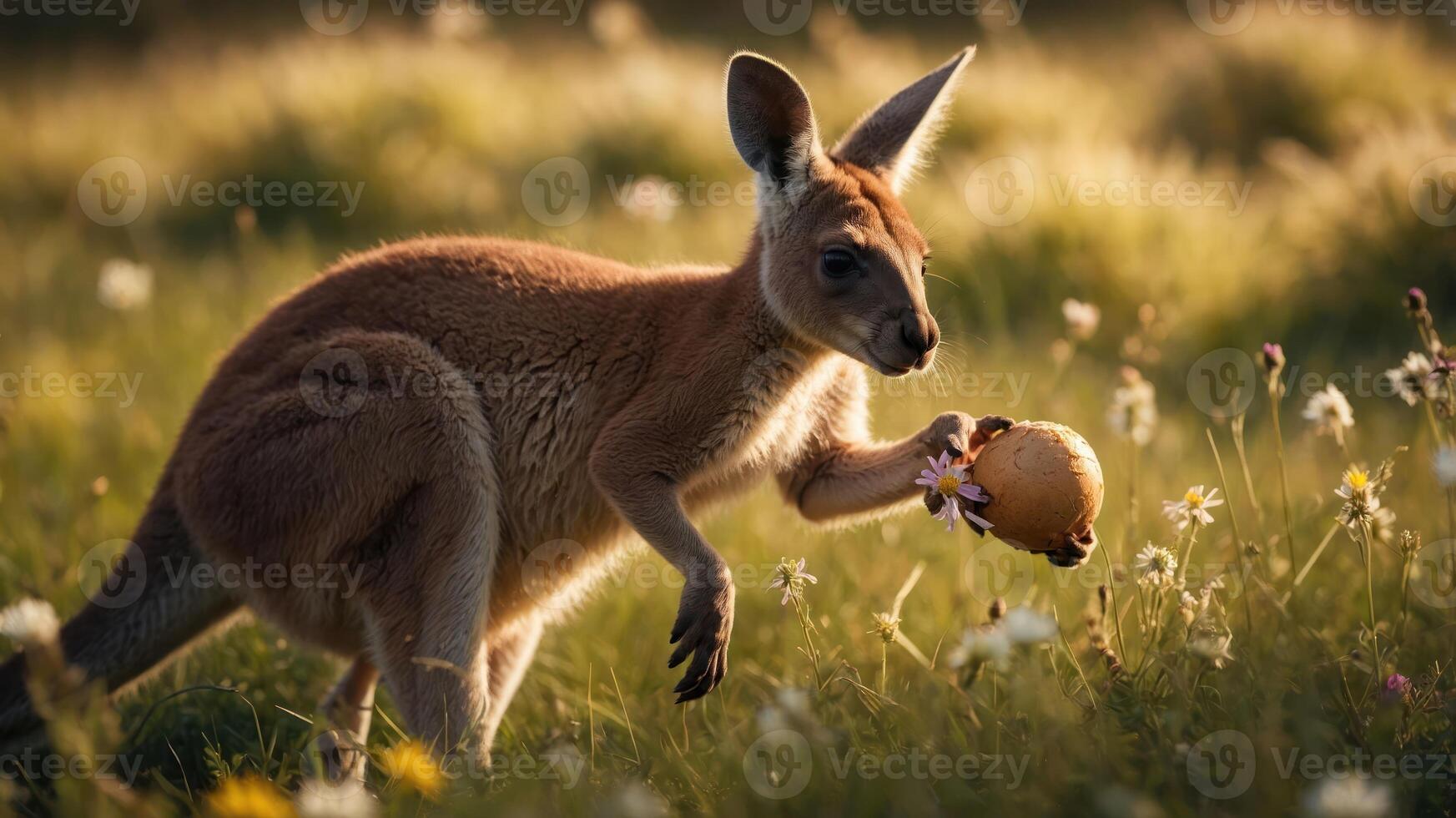 A kangaroo holds a flower while standing in a sunlit meadow filled with wildflowers. photo