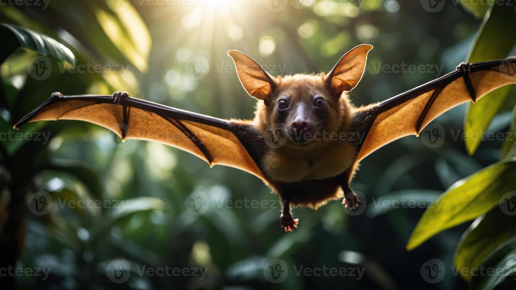 A bat in mid-flight, showcasing its wings against a lush, green background. photo