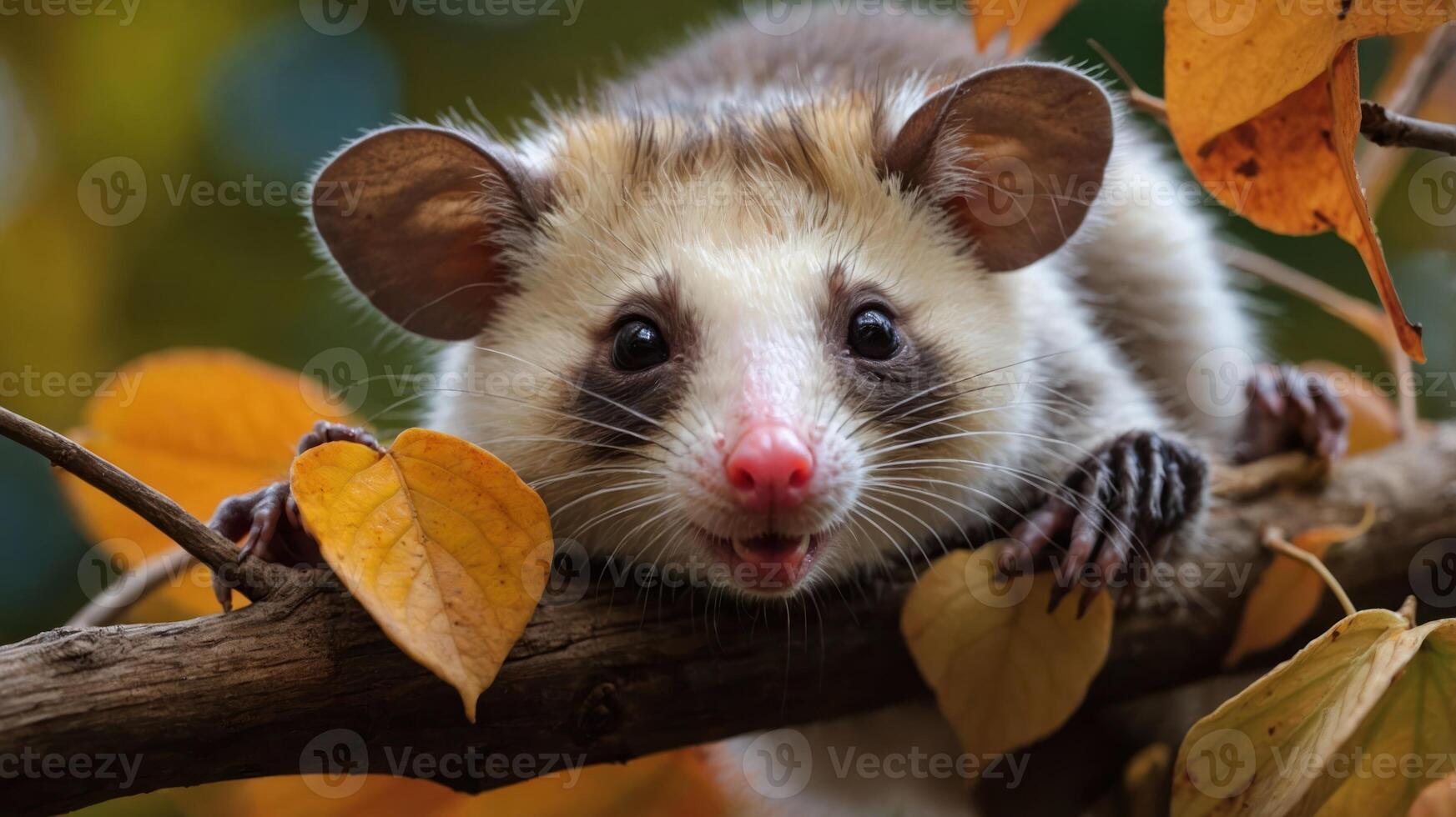 A close-up of a cute marsupial perched on a branch surrounded by autumn leaves. photo