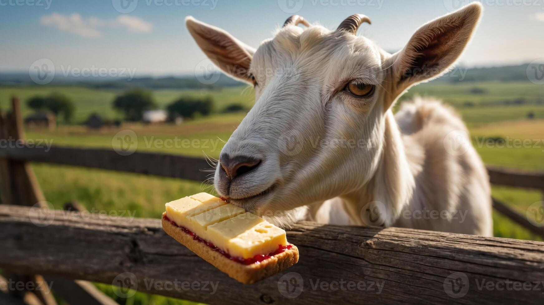 A goat nibbling on a slice of cake in a picturesque rural setting. photo