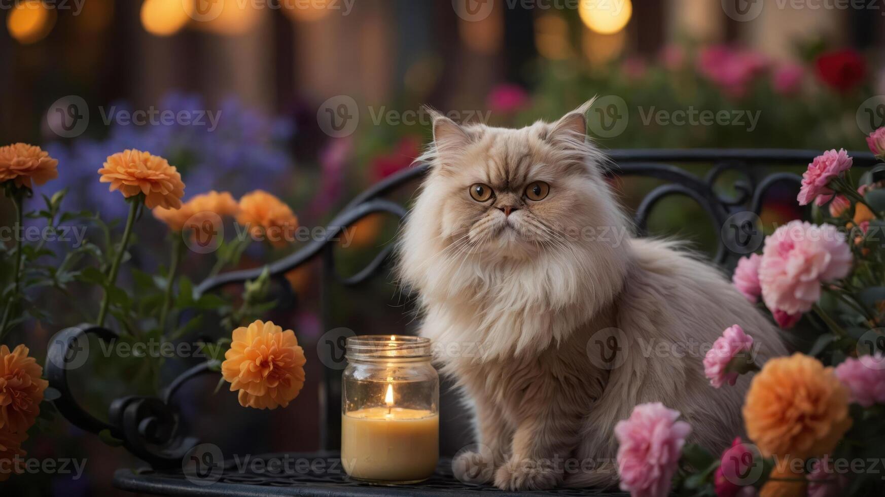 A fluffy cat sits beside a candle in a vibrant flower garden. photo