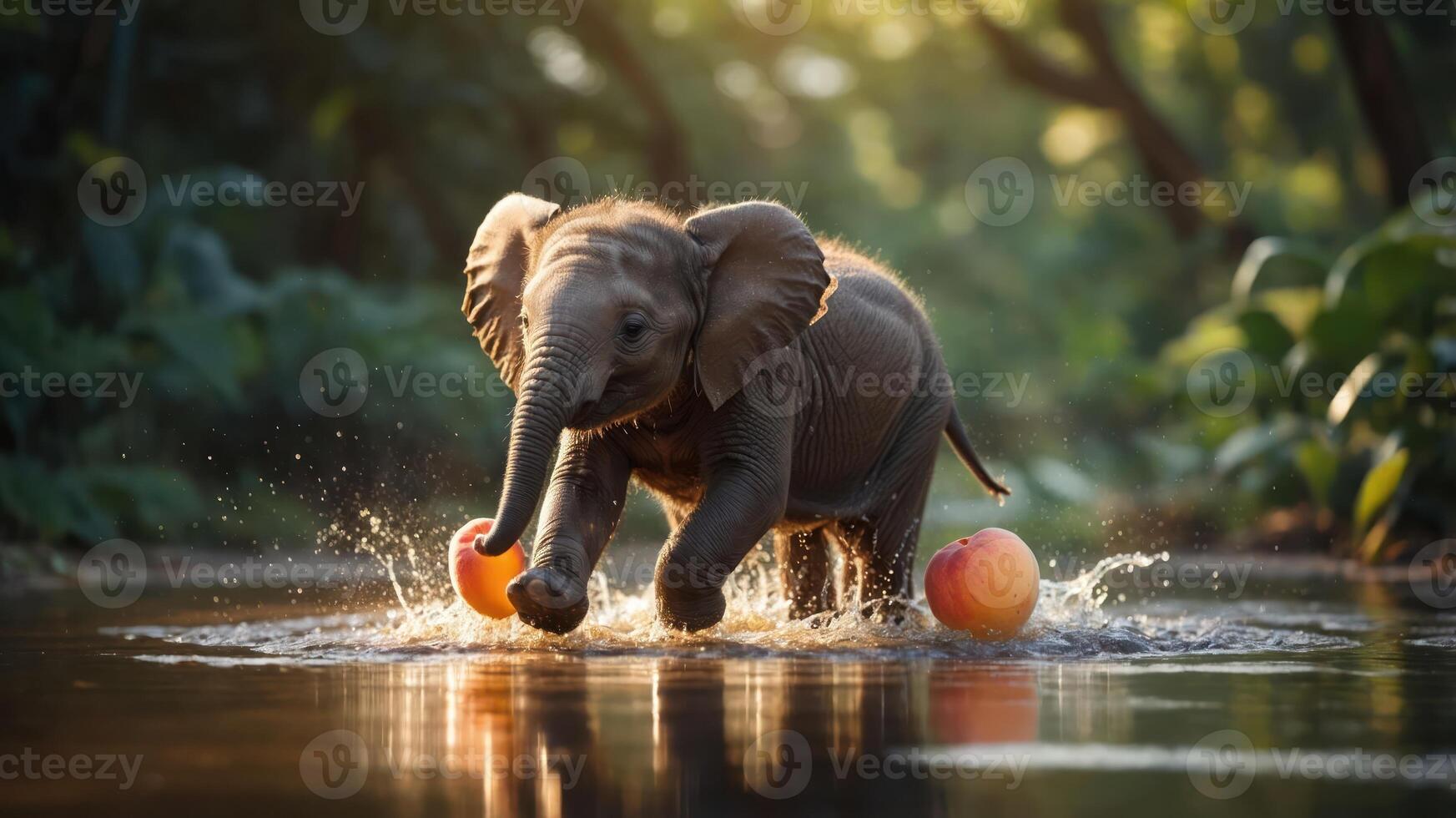 A playful elephant splashes in water, balancing two apples. photo