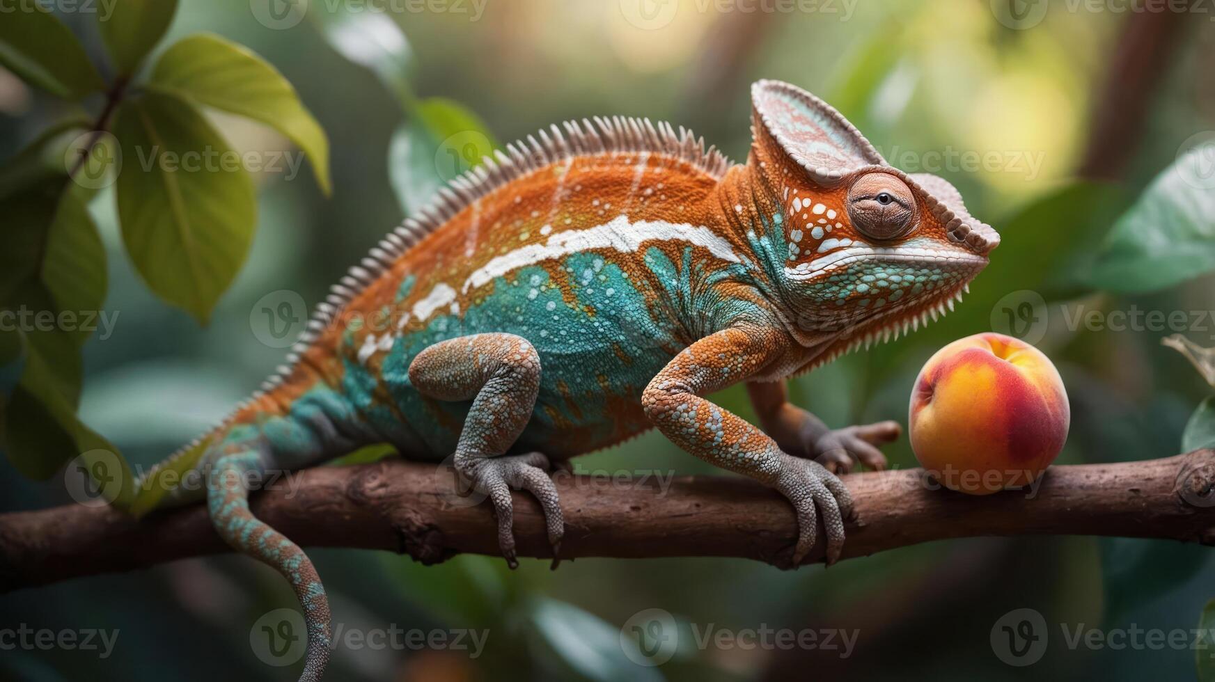 A colorful chameleon perched on a branch beside a peach in a lush environment. photo