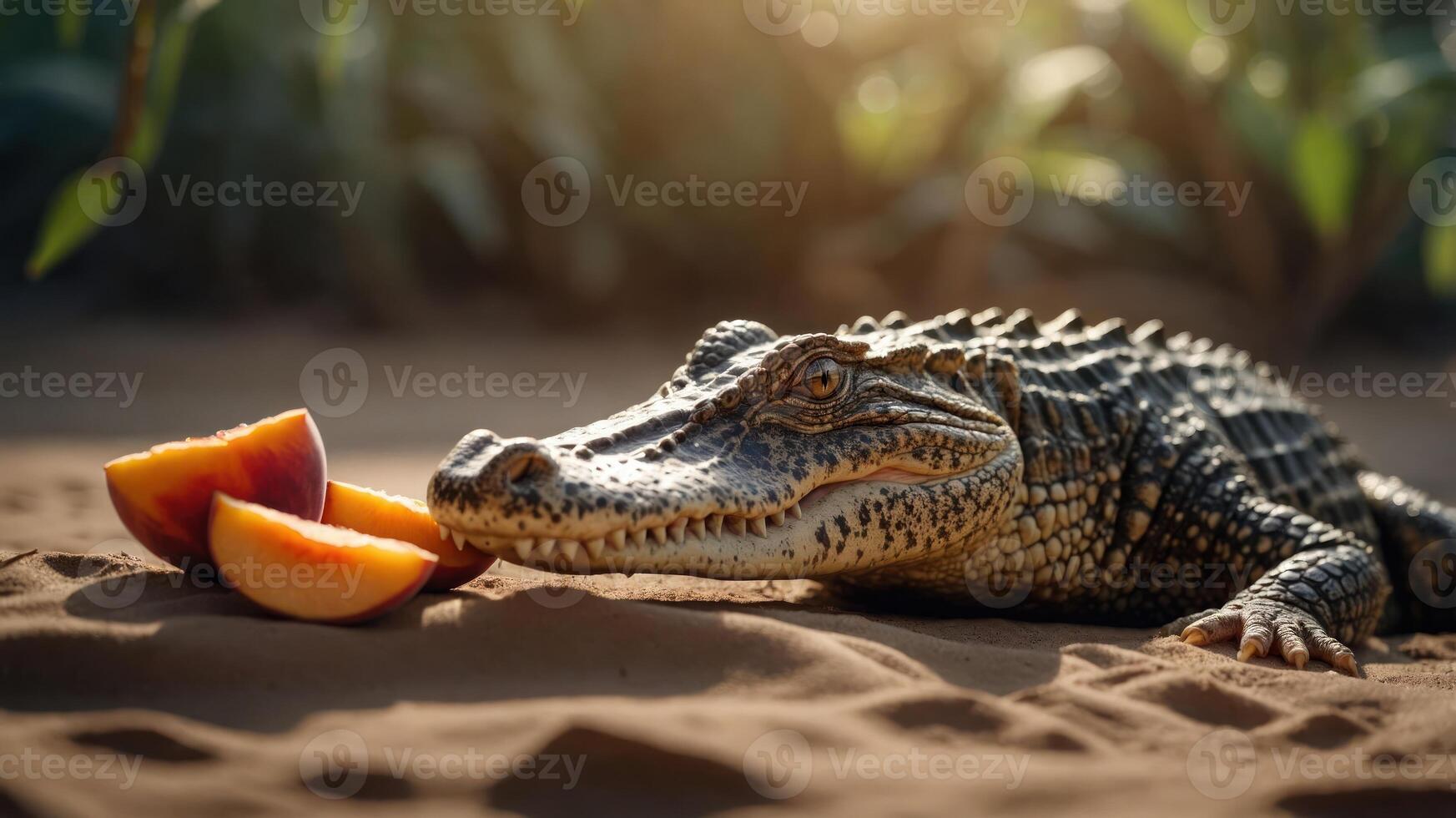 A crocodile rests beside slices of peach on sandy terrain, blending nature and food elements. photo