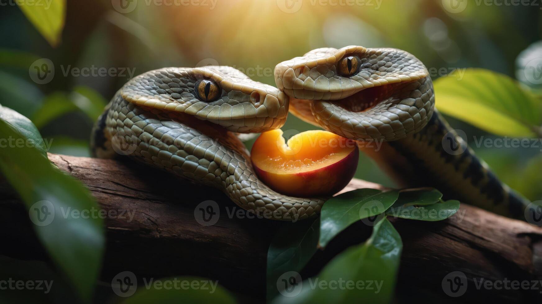 Two snakes sharing a peach in a lush, vibrant jungle setting. photo