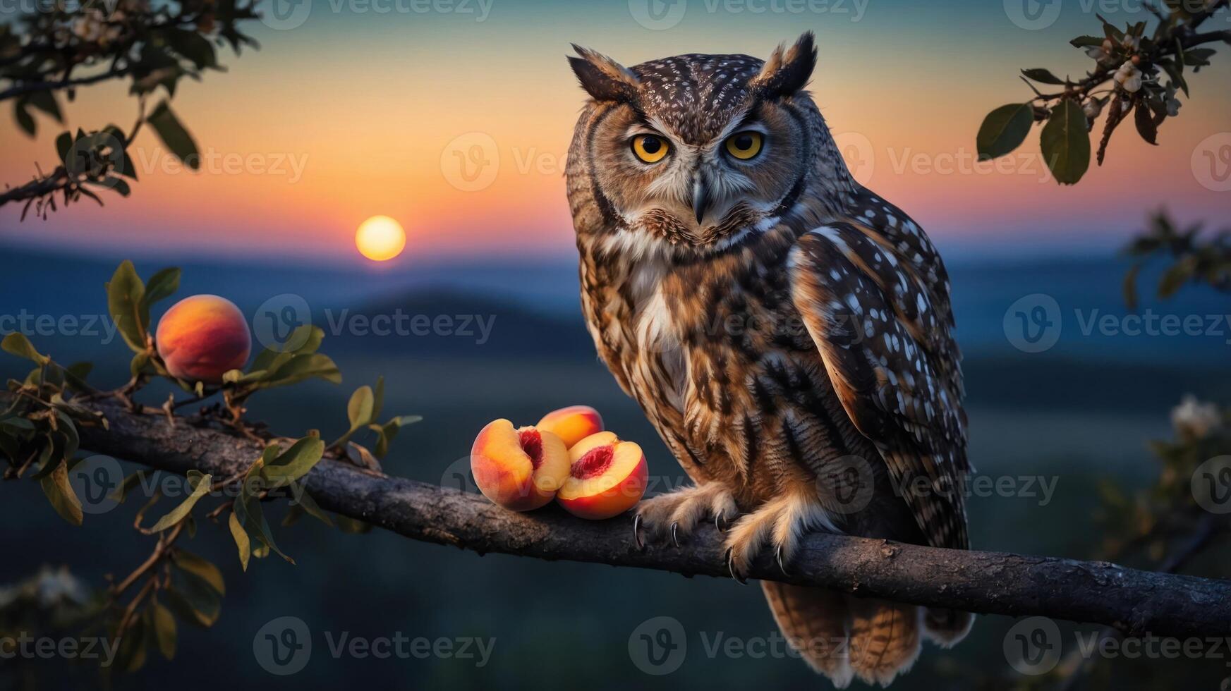 An owl perched on a branch with peaches, set against a sunset landscape. photo