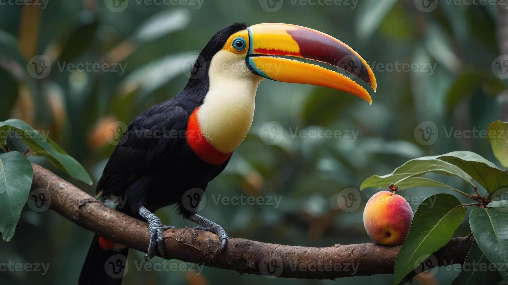 A toucan perched on a branch with a peach nearby, showcasing vibrant colors and natural beauty. photo