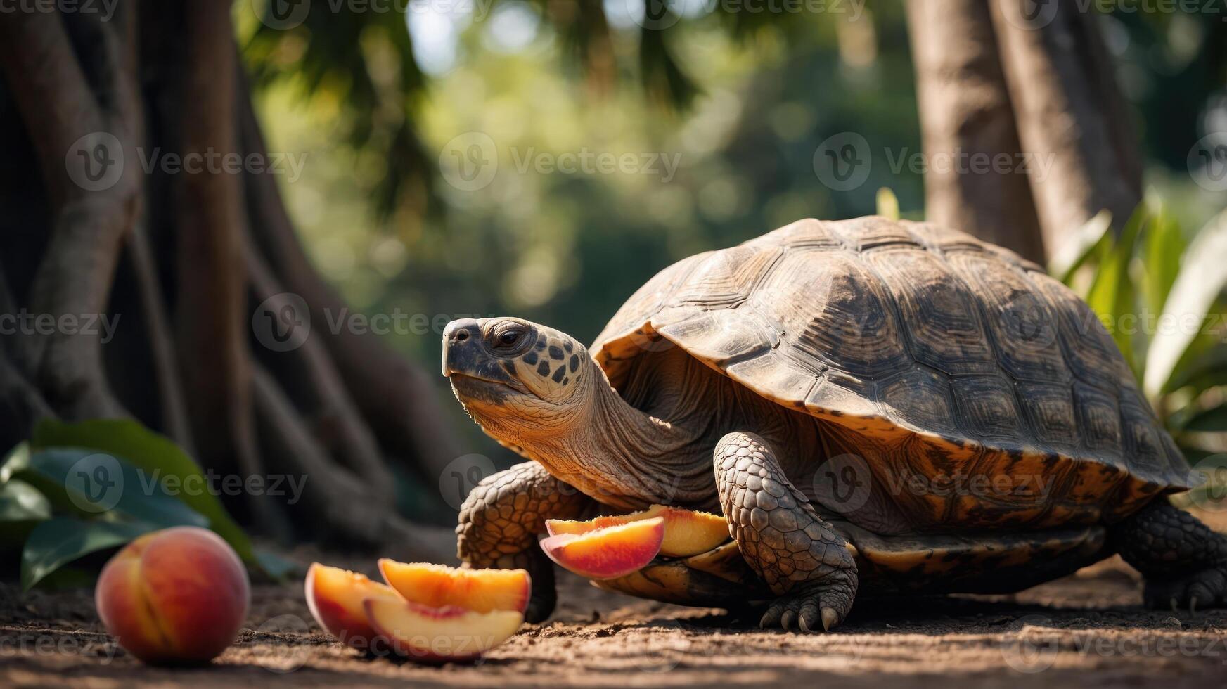 A tortoise near peach slices in a natural setting. photo