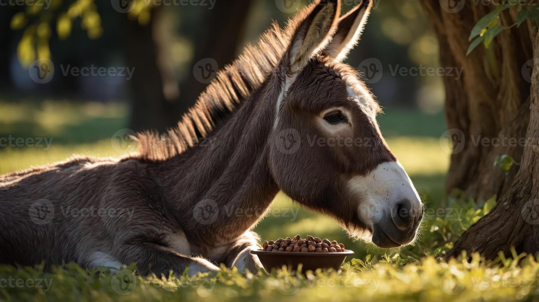 A donkey resting on grass near a bowl of food in a serene outdoor setting. photo