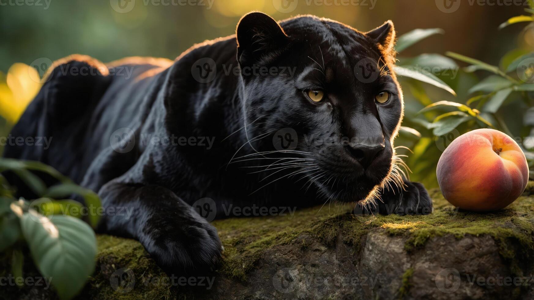 A black panther rests beside a peach on a mossy surface, surrounded by lush greenery. photo