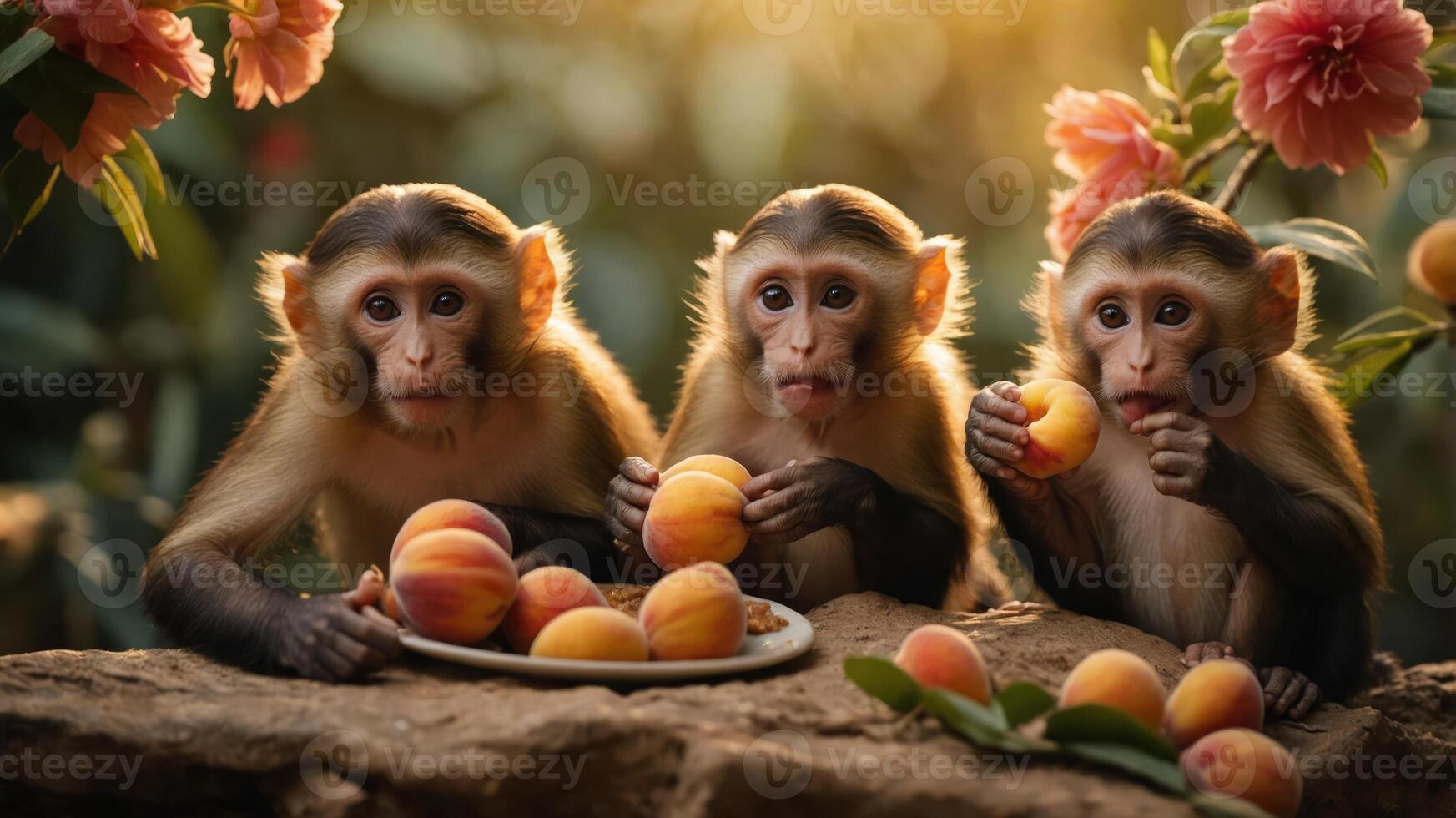 Three monkeys sitting together, enjoying peaches in a lush, floral environment. photo