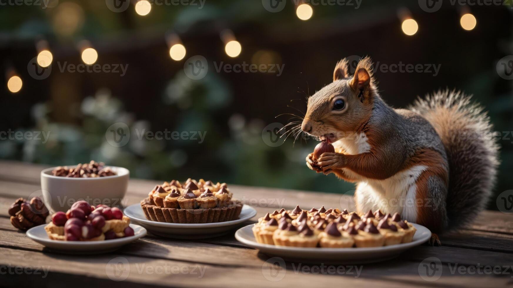 A squirrel enjoys pastries and fruit on a table adorned with string lights. photo