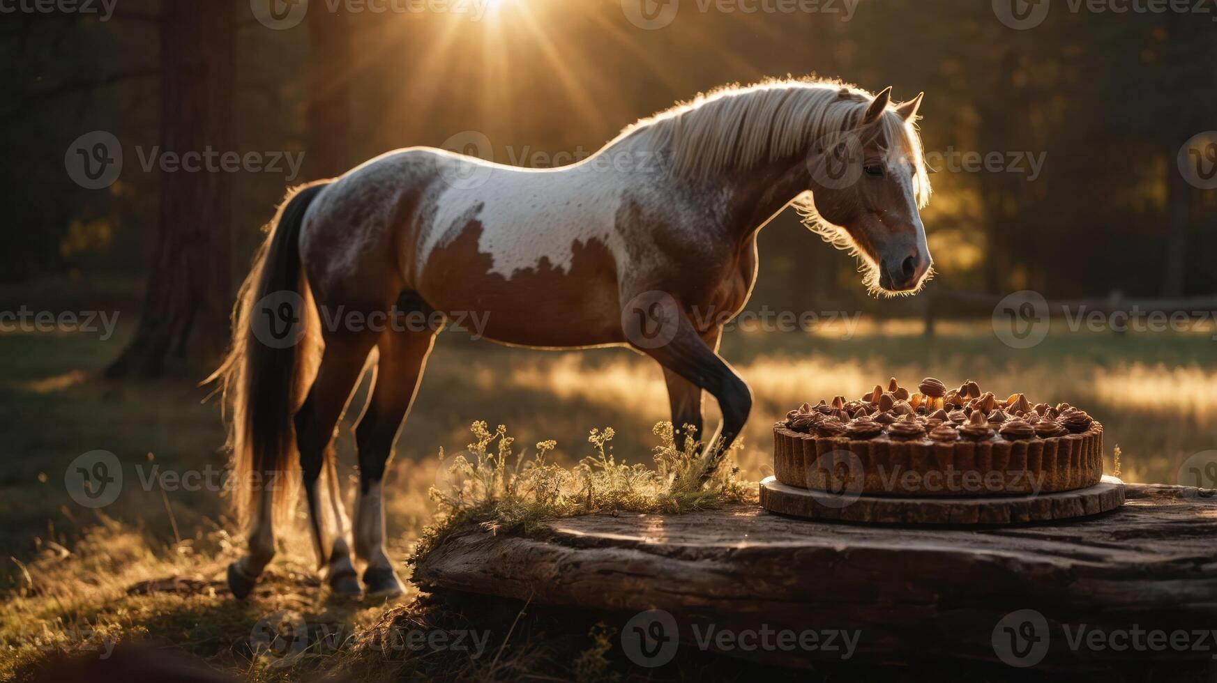 A horse curiously approaches a large cake in a sunlit forest setting. photo